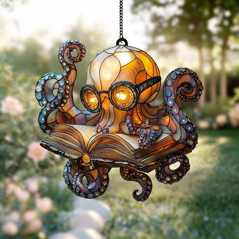 Reading Octopus Acrylic Suncatcher – Cute Nerdy Sea Creature with Book