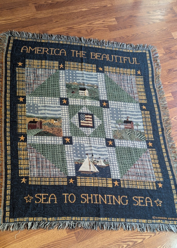 Warren Kimble Cotton Throw America The Beautiful  Folk Art Pattern Navy Red Euc