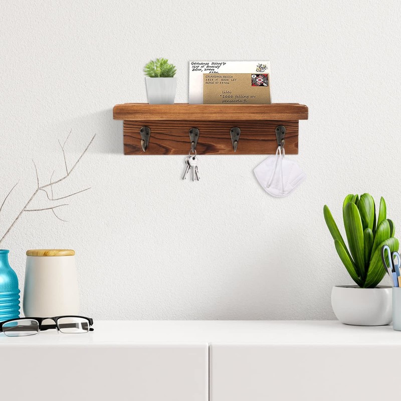 Rustic Key Holder for Wall, Farmhouse Wall Shelf with 4 Hooks, Wall Mounted Key gallery