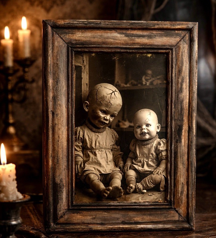 Creepy Doll Postcard Frame Macabre Curio Vintage Style Dark Art Decor gallery