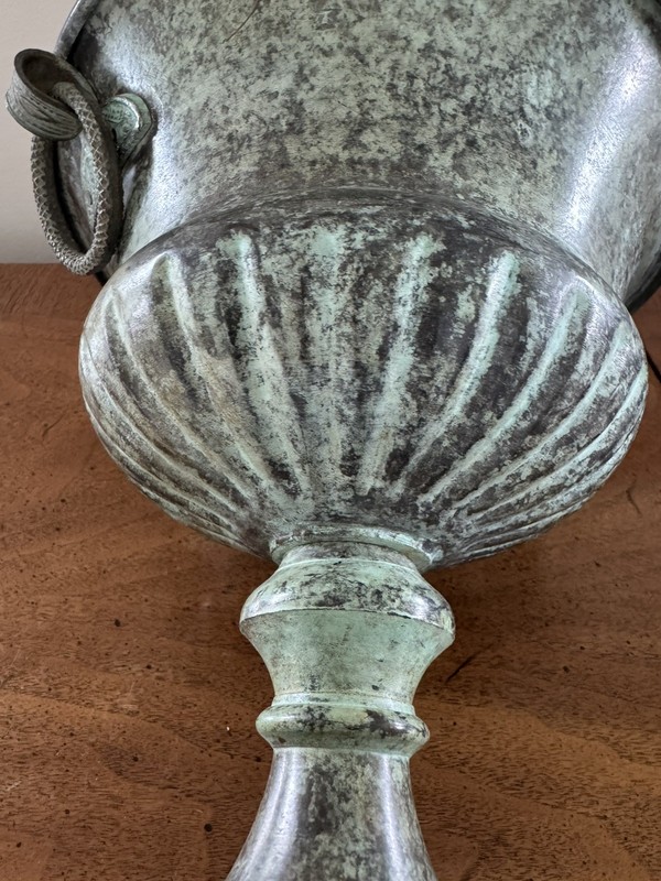Cast Metal Iron Pedestal Planter Urn Vase, Great Patina & Detailed Ring Handles gallery