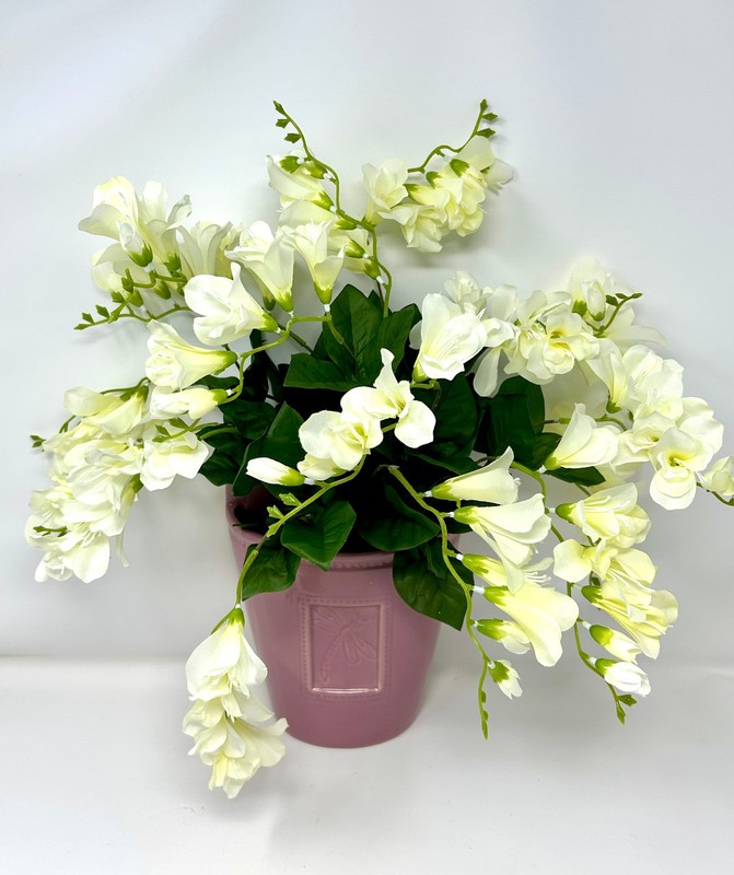 16" Vintage HANGING Pink Dragonfly Ceramic WALL POCKET, Silk White Freesia flowe gallery