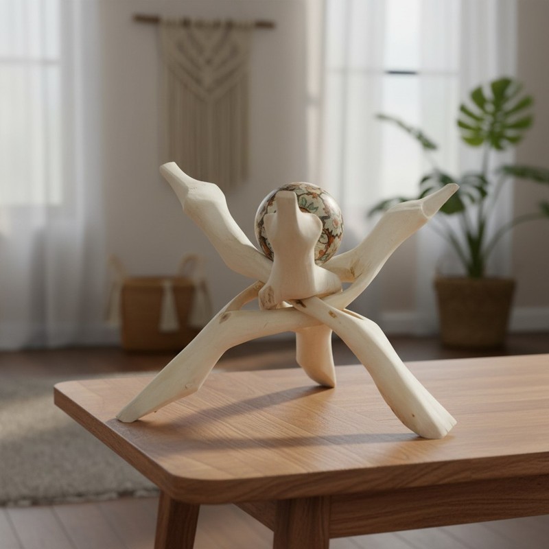 Hand-Carved Natural Wood Tripod Stand for Crystal Balls and Decor Items