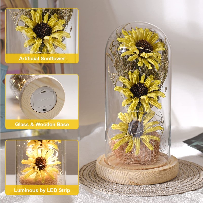 Sunflower Gifts For Women Artificial Sunflowers In Glass Dome With Led Strip 1ps gallery