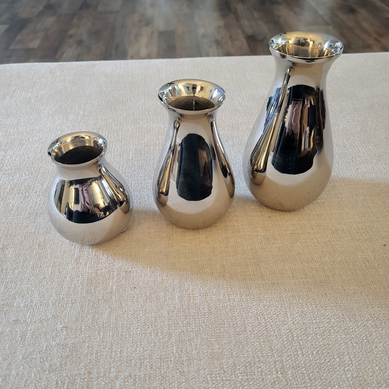 Silver Single Stem Vases Set Of 3 Heavy Weighted Metal