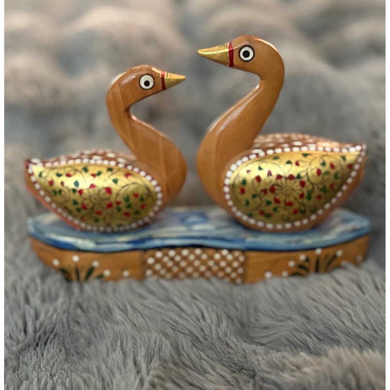 Vintage Indian Hand Carved Wooden Swans “Love Birds” Table Decor