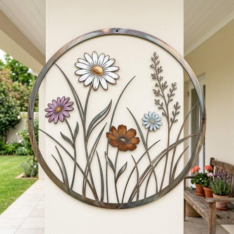Wildflower Metal Wall Art, Round Floral Garden Wall Decor, Daisy Flower Metal