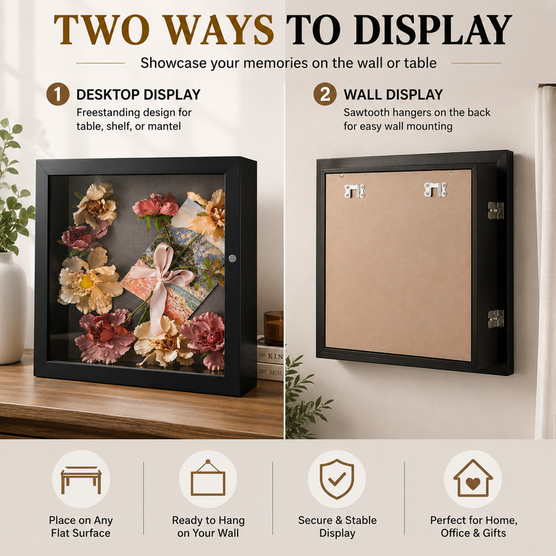 Shadow Box Frame Display Case 2-inch Depth 6 Pins for 8x8 Collage Memento Black gallery