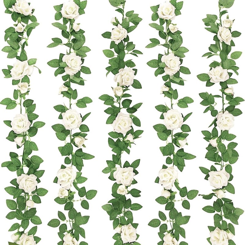 5Pcs 32.5FT Flower Garland Artificial Rose Vine White Fake Silk Floral Hanging