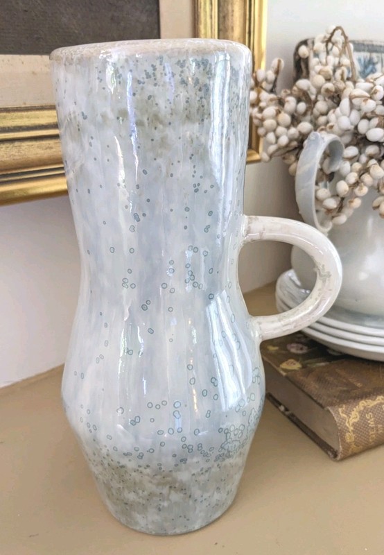 NWT Crate & Barrel Ayu Vase with Handle Ceramic Gray Blue Green Speckled Glaze