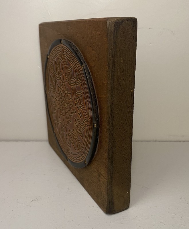 Wall Plaque Wood And Embossed Leather Floral/ Sun Mandala, Handmade Small gallery