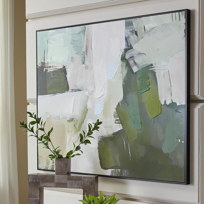 Vinick Hand-Painted Abstract Wall Art 50x40 Inches in Green & White gallery