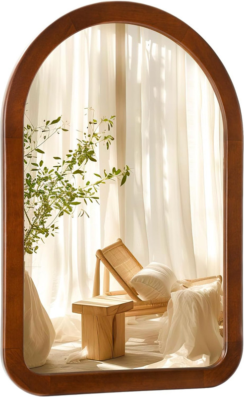 Arched Mirror 24 X 36 Inch,Walnut Brown Wood Rustic Bathroom Tempered Wall Mirro