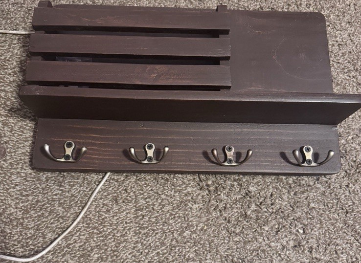 Wall-Mounted Wood Key & Mail Rack Combo with Coat Hooks, Brown, 8x10in
