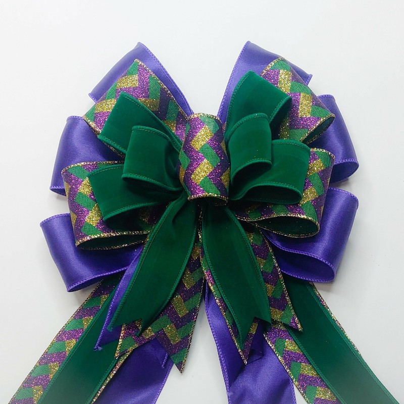 Mardi Gras Bow, Emerald Green Velvet, Metallic ZigZag, Purple Satin, Size Large