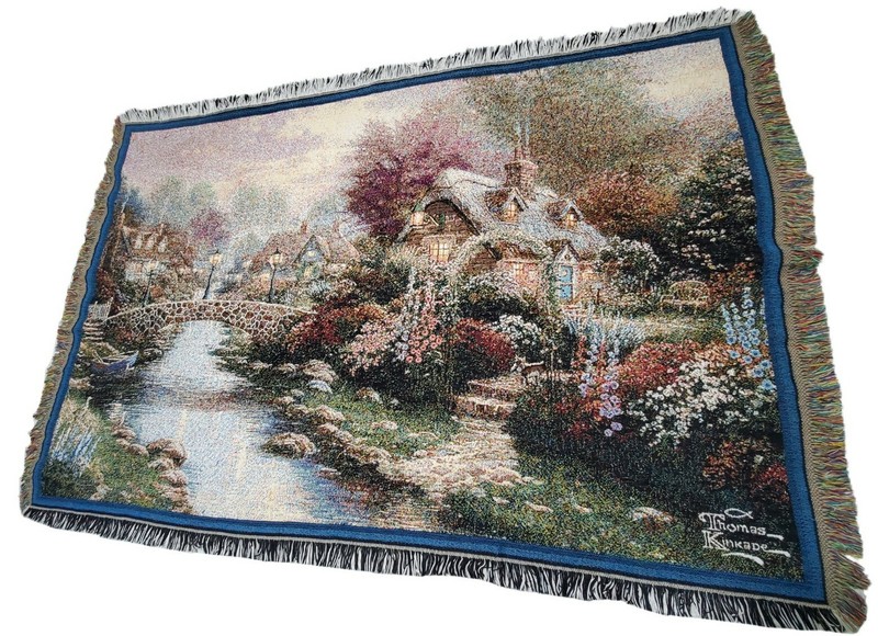 Thomas Kinkade Lamplight Bridge Tapestry Throw Blanket 42 x 62 USA Art Painting