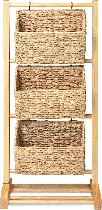 3-Tier Wooden Shelf with Water Hyacinth Woven Baskets – Rattan Shelf Basket,