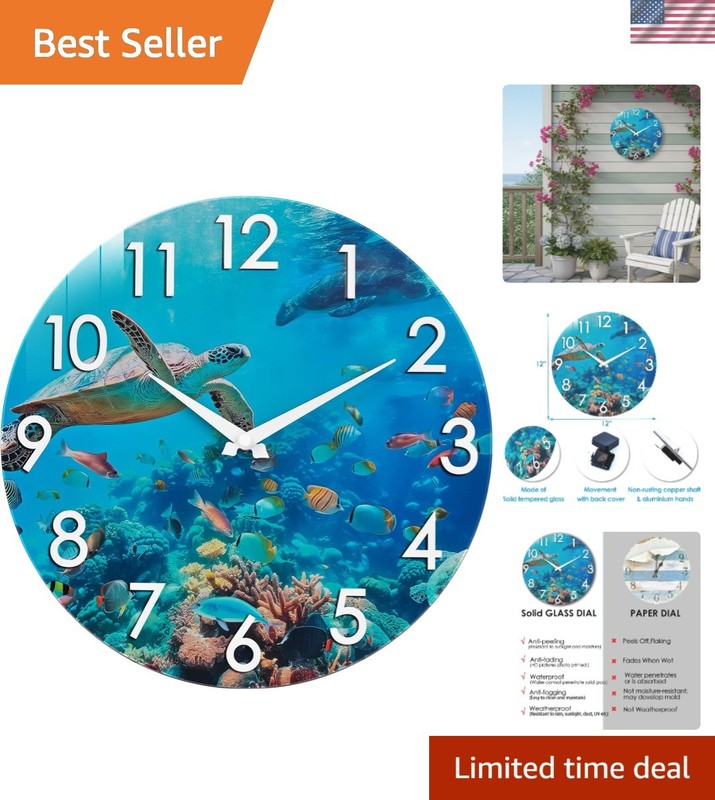 12 Inch Outdoor Clock – Waterproof Tempered Glass with Sea Turtle & Marine Li…