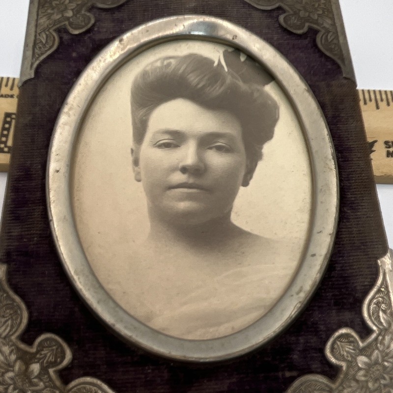 Antique Victorian Ornate Metal & Purple Velvet Frame W/ Black & White Photo Lady gallery