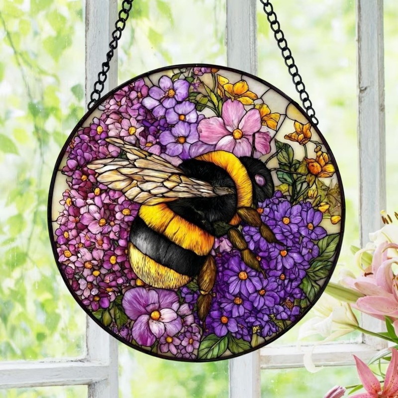 Bee Floral Glass Suncatcher, Bumblebee Flower Window Hanging, Purple Floral Gard
