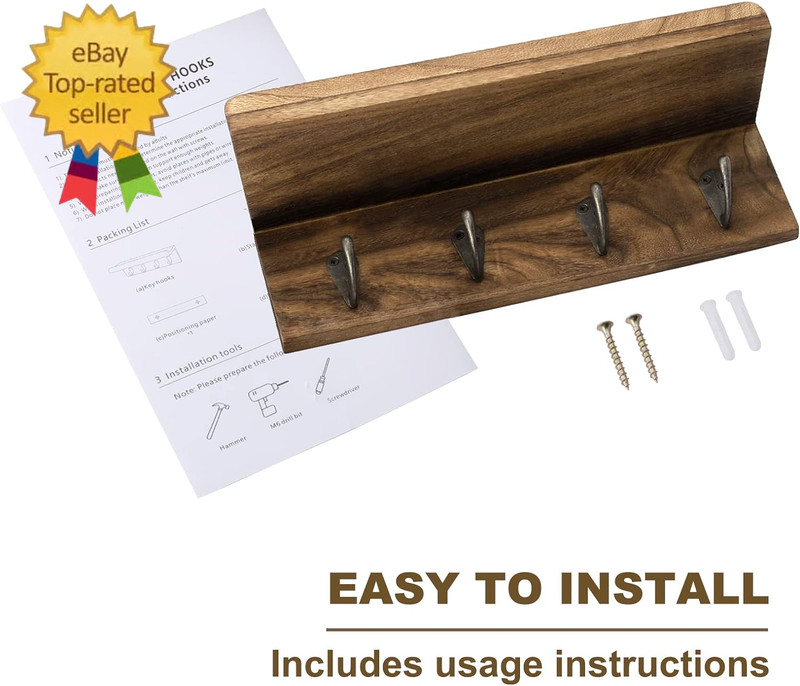Rustic Key Holder for Wall, Farmhouse Wall Shelf with 4 Hooks, Wall Mounted Key gallery
