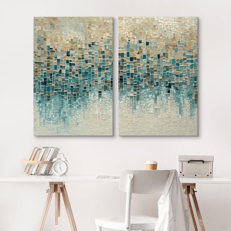 Wall26 Geometric Mosaic Abstract Wall Art Blue and Beige Canvas Prints gallery