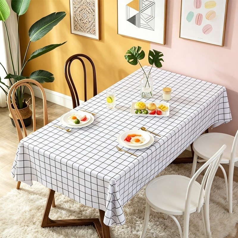Modern Minimalist Tablecloth Waterproof PVC Black Grid Pattern on White gallery
