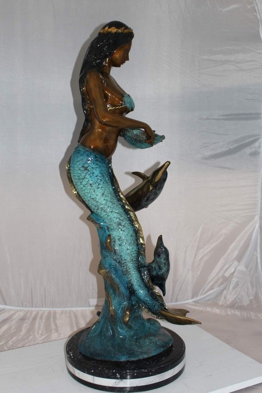 Mermaid with 2 dolphins Bronze Statue - Size: 14"L x 14"W x 28"H. gallery