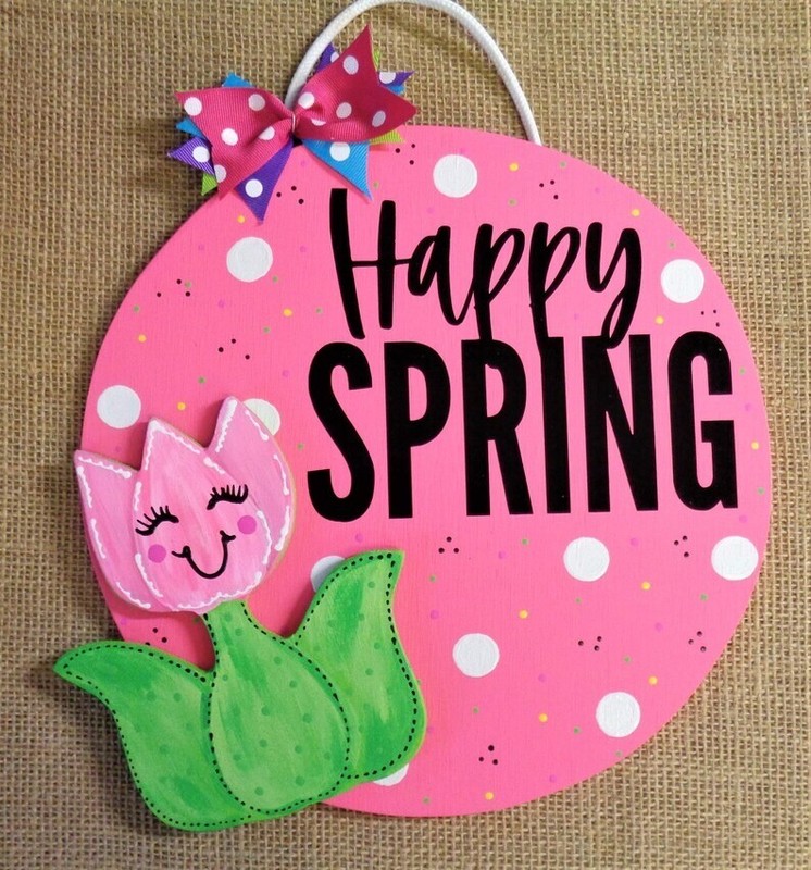 HAPPY SPRING Pink Tulip Sign Wood Plaque Hot Pink Hand Crafted Door Wall Circle