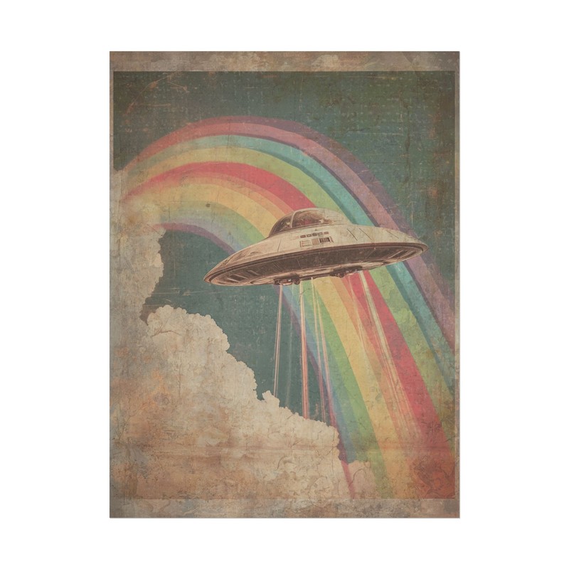 Vintage UFO Rainbow Wall Art, Sci-fi LGBTQ Pride Month Decor, Gay Alien Poster