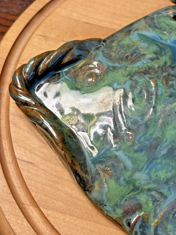 Ceramic Blue Green Glazed Fish Art Pottery Stoneware Hanging Plaque gallery