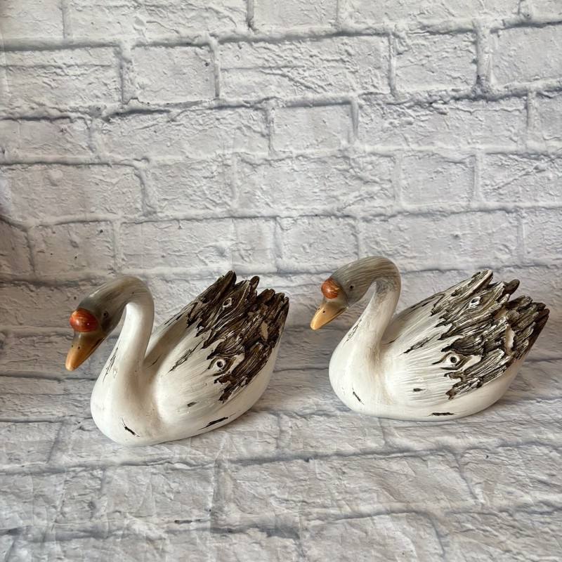 Lot of 2 Swan Decoy Primitive Woodland Cabin Decor Faux Wood Resin