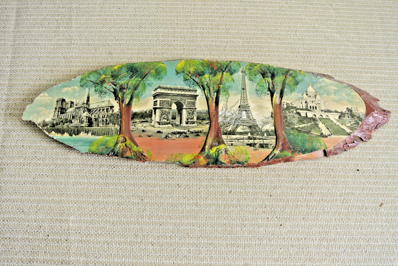 Vintage Wall Art Live Edge Slab Wood Slice Painted Paris Scenes Tourist Art 20×6