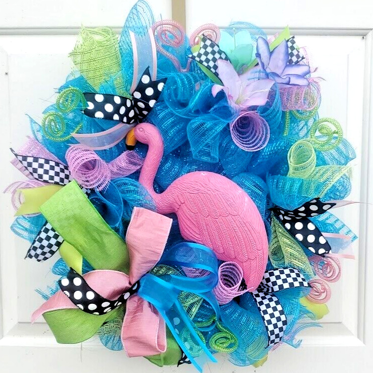 Spring Summer Pink Flamingo Wreath Large 24" Handmade Deco Mesh Door Decoration