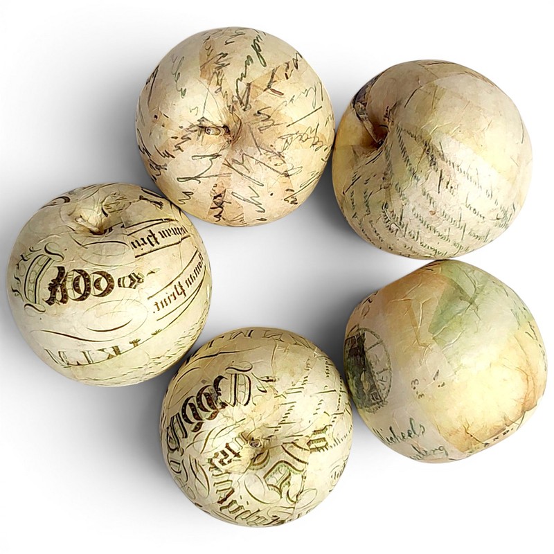 5pc White Calligraphy Ephemera Collage Paper Wrapped Apples Decor Bowl Fillers