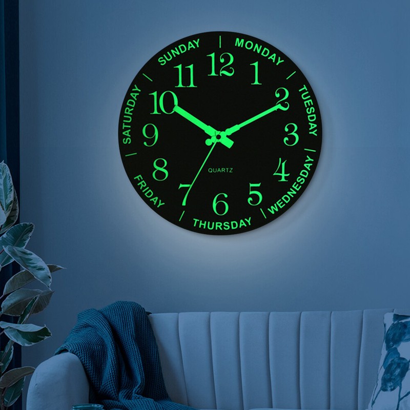 12Inch Large Modern Luminous Night Light Wall Clock Silent Wood Battery operated gallery