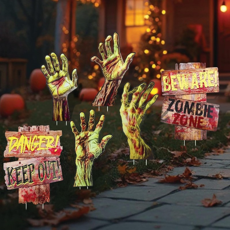 Halloween Zombie Yard Signs | 6 Pcs Pack (4 Zombie Hands, 2 Warning Signs) | 15”