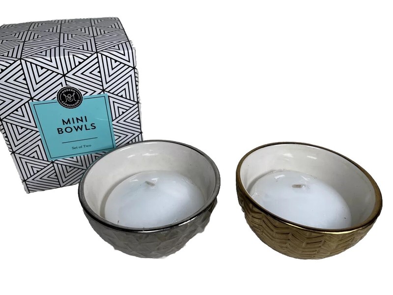 MODERN EXPRESSIONS Set of 2 Mini Bowls GOLDTONE & SILVERTONE w/Unscented Candles