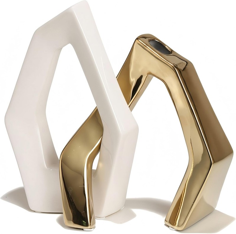 White and Gold Vase Set of 2, Modern Geometric Abstract Ceramic Flower Vase f…
