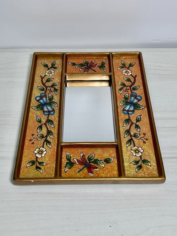 Hand Painted FLORAL DRAGONFLY Peruvian Wood Mirror Glass Reverse Painted Glass gallery