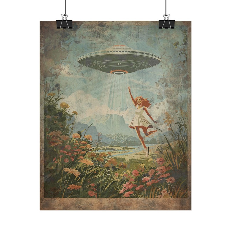 Vintage UFO ALIEN ABDUCTION Wall Art, Sci-Fi Botanical Decor, UAP Flower Poster