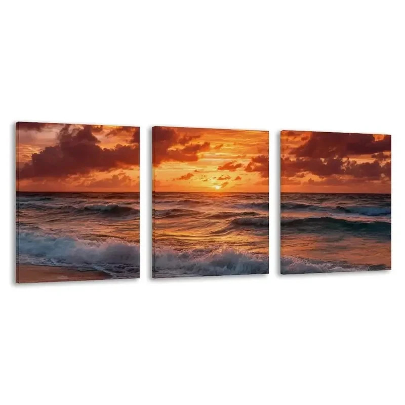 3pcs Orange Red Yellow Pink Blue Ocean Sunset Wall Art Canvas Framed 50x70cm