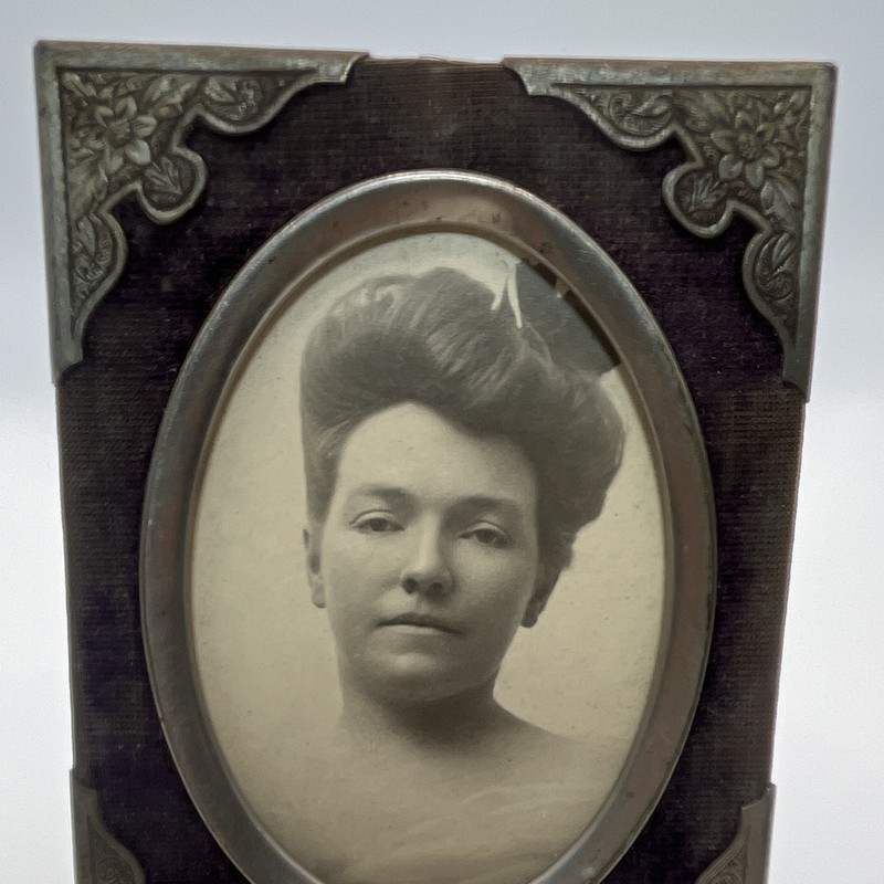 Antique Victorian Ornate Metal & Purple Velvet Frame W/ Black & White Photo Lady gallery