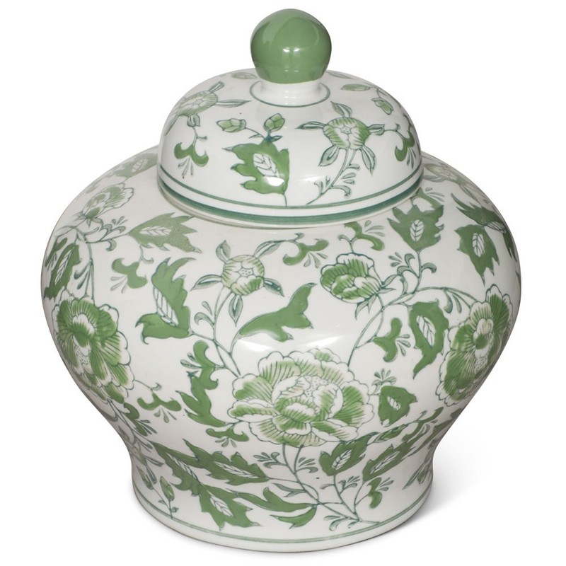 US SELLER - Green and White Flower Motif Oriental Porcelain Tea Jar gallery