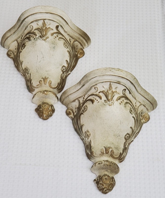 Pair Vtg Wall Shelves / Corbels –Ornate Classical Rococo Style –Distressed Ivory