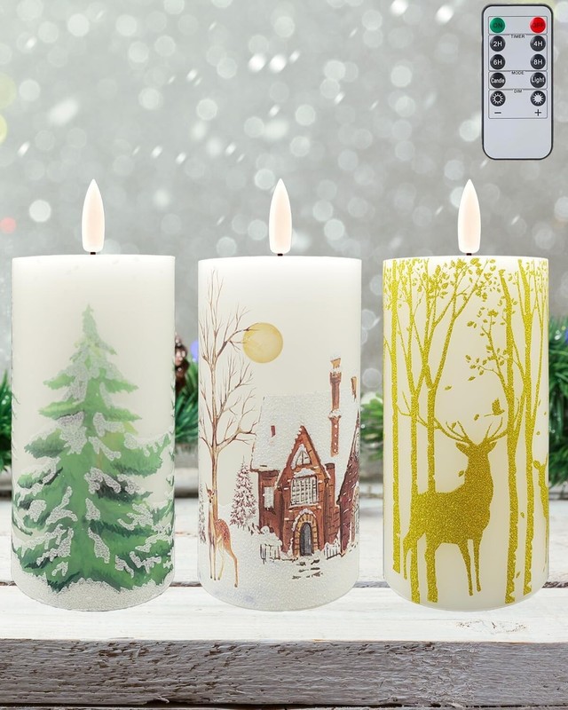 3 x 5 Flickering Flameless Candles with Remote Timer, Unscented Wax Pillar,