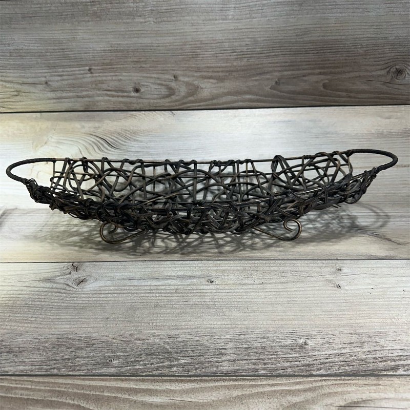 Vintage Large Wood Twig & Metal Basket Handwoven Oval Farmhouse Decor 25"x10"x5" gallery