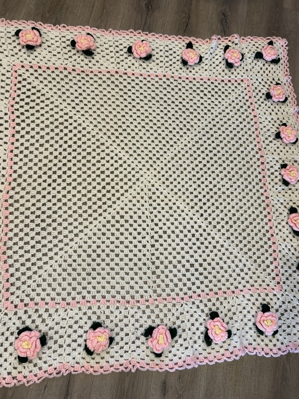 Vintage Handmade Crochet Afghan Throw Blanket White 3D Pink Roses Cottage Core gallery
