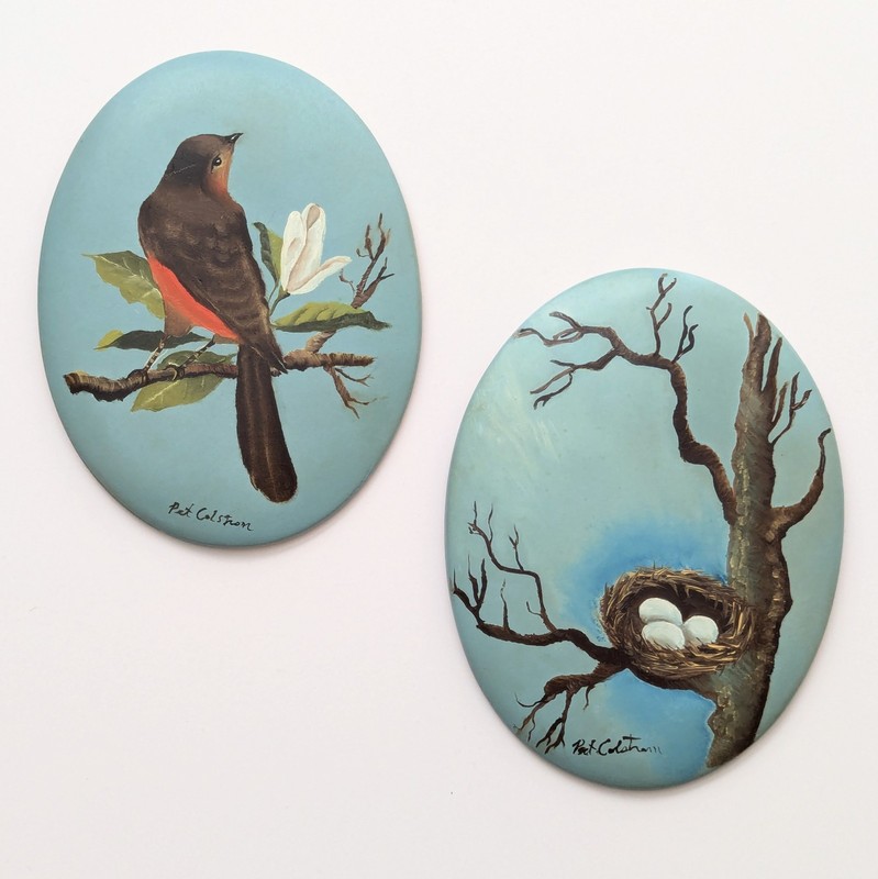 Vtg Hand Painted Robin Egg Bird Nest Art Chalkware Oval Wall Plaque Set Signed
