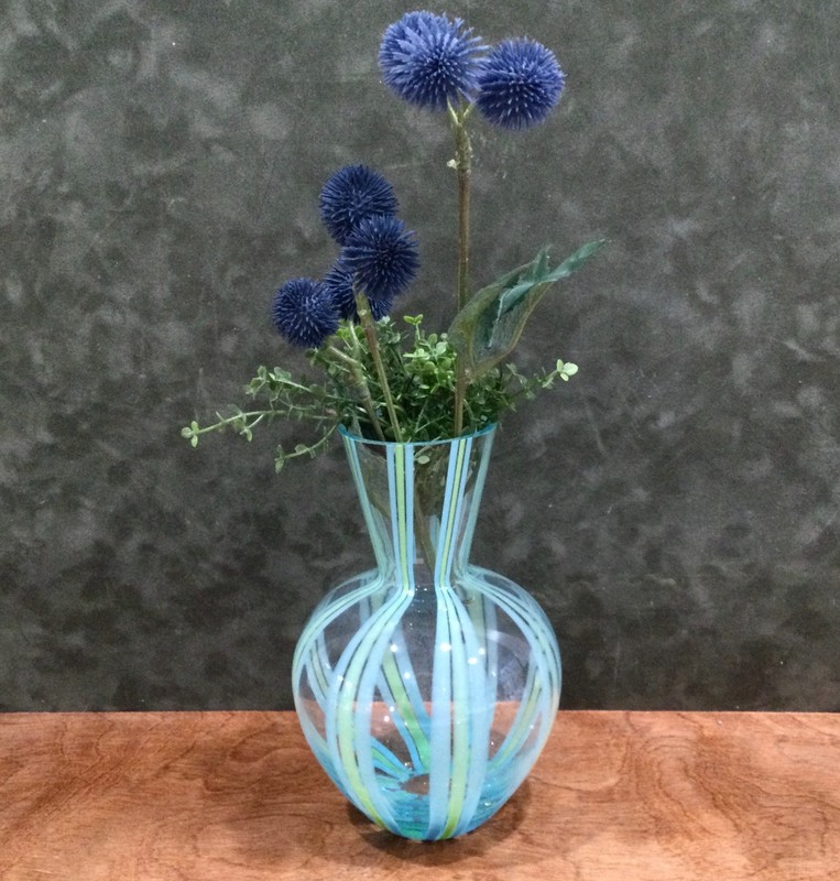 Vintage Glass Vase 6-1/2 inches high, Light Blue & Green Stripes, circa 2000